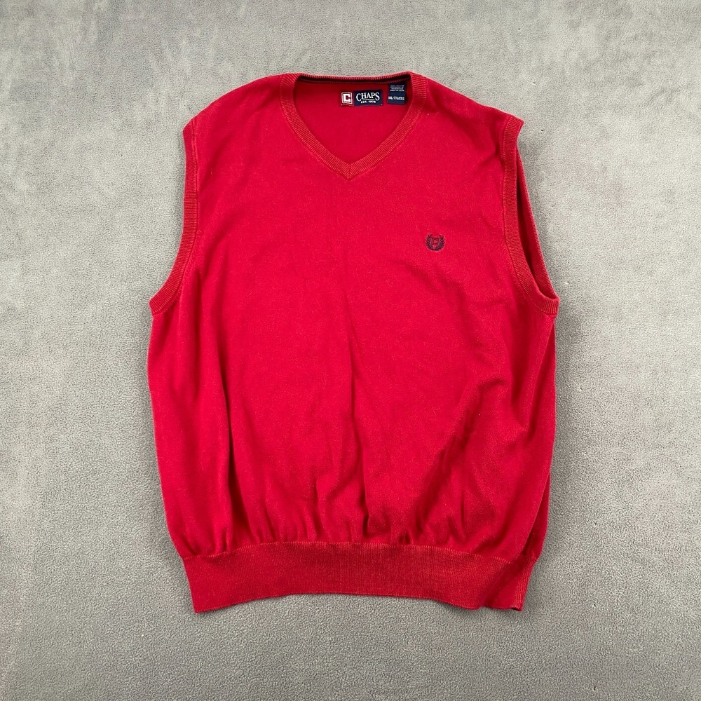Chaps Sweater Vest Mens 2XL Red Embroidered Logo Cotton Tight Knit Ribbed V Neck